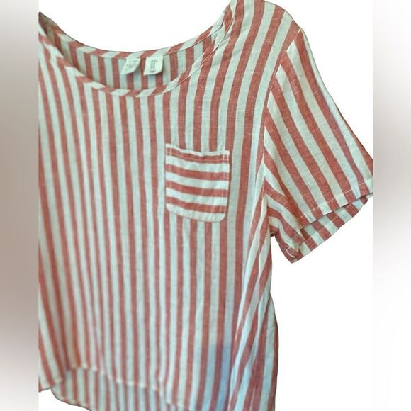 Artisan NY Sz M Red Striped Relaxed Short Sleeve Linen Flowy Summer Blouse - Picture 3 of 6